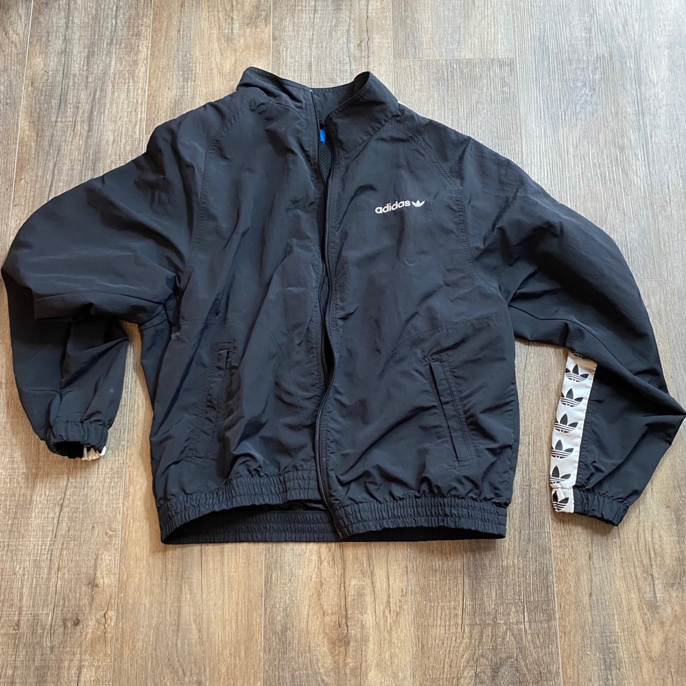 Adidas Originals Womens Black Trefoil Logo Tape Windbreaker Jacket Size L AS IS